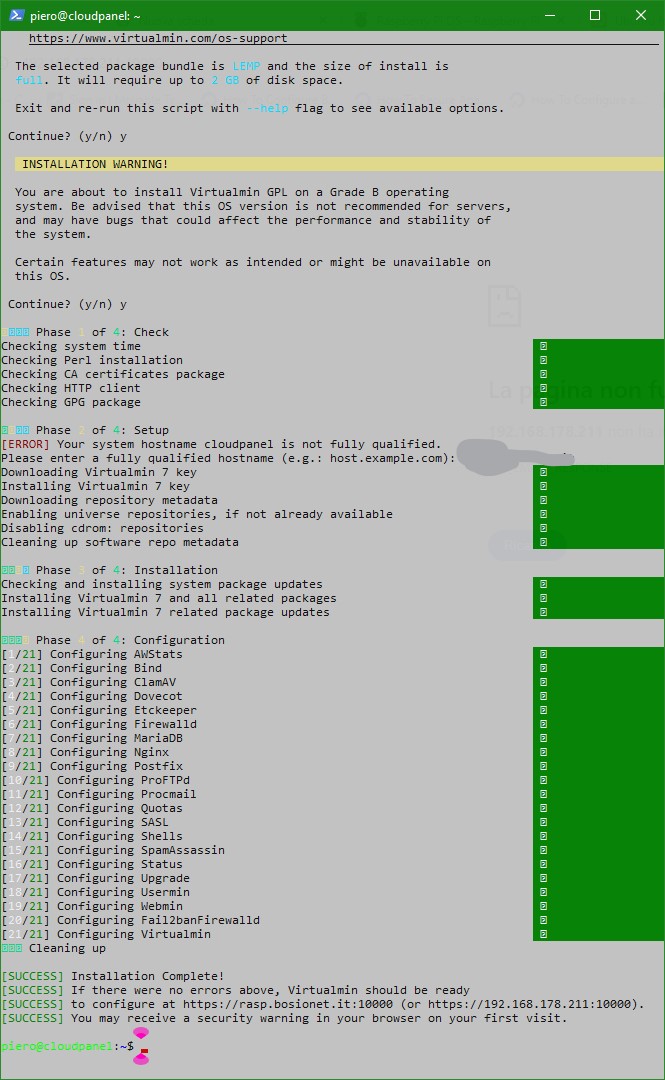 Screenshot installazione Virtualmin da terminale SSH su Raspberry Pi4