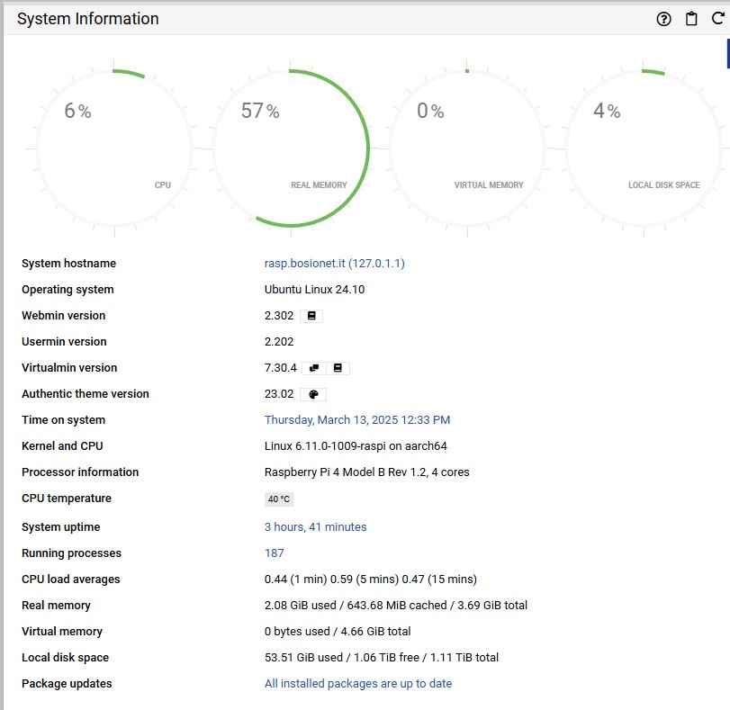 Screenshot Virtualmin informazioni di sistema installazione su Raspberry Pi4.