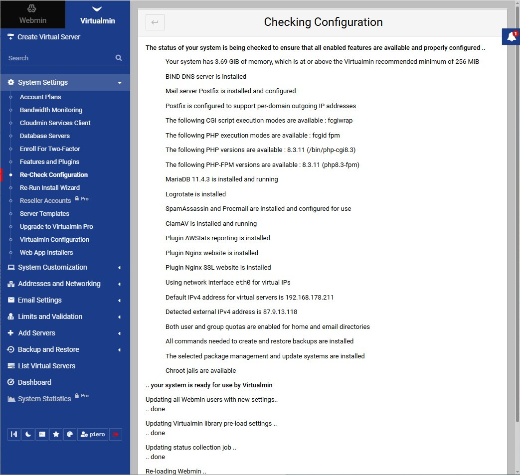 Screenshot Checking virtualmin installazione